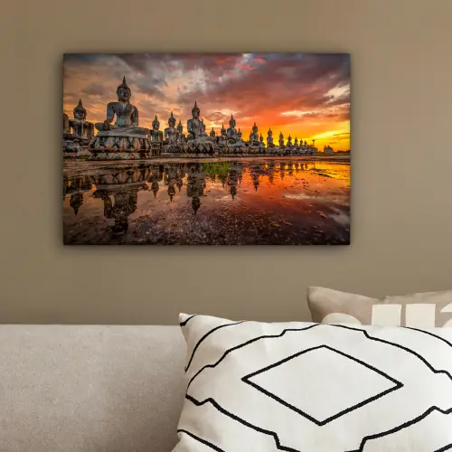 Boeddha beelden - Zonsondergang - Water - Boeddhisme canvas 2cm klein -sfeer3