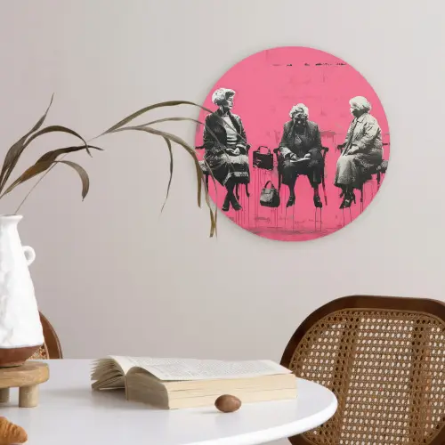 Graffiti - Vintage - Zwart - Street art - Roze - Banksy Wandcirkel kunststof plaat 5mm dik klein -sfeer4