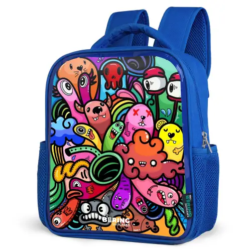 Vrolijke monsterchaos Kinderrugzak - Blauw middel -schuin