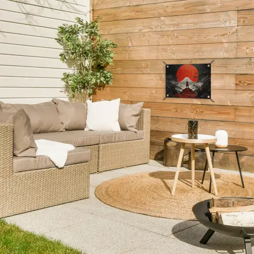 Krijger - Rode trappen - Zon - Berg tuinposter los doek klein -sfeer4