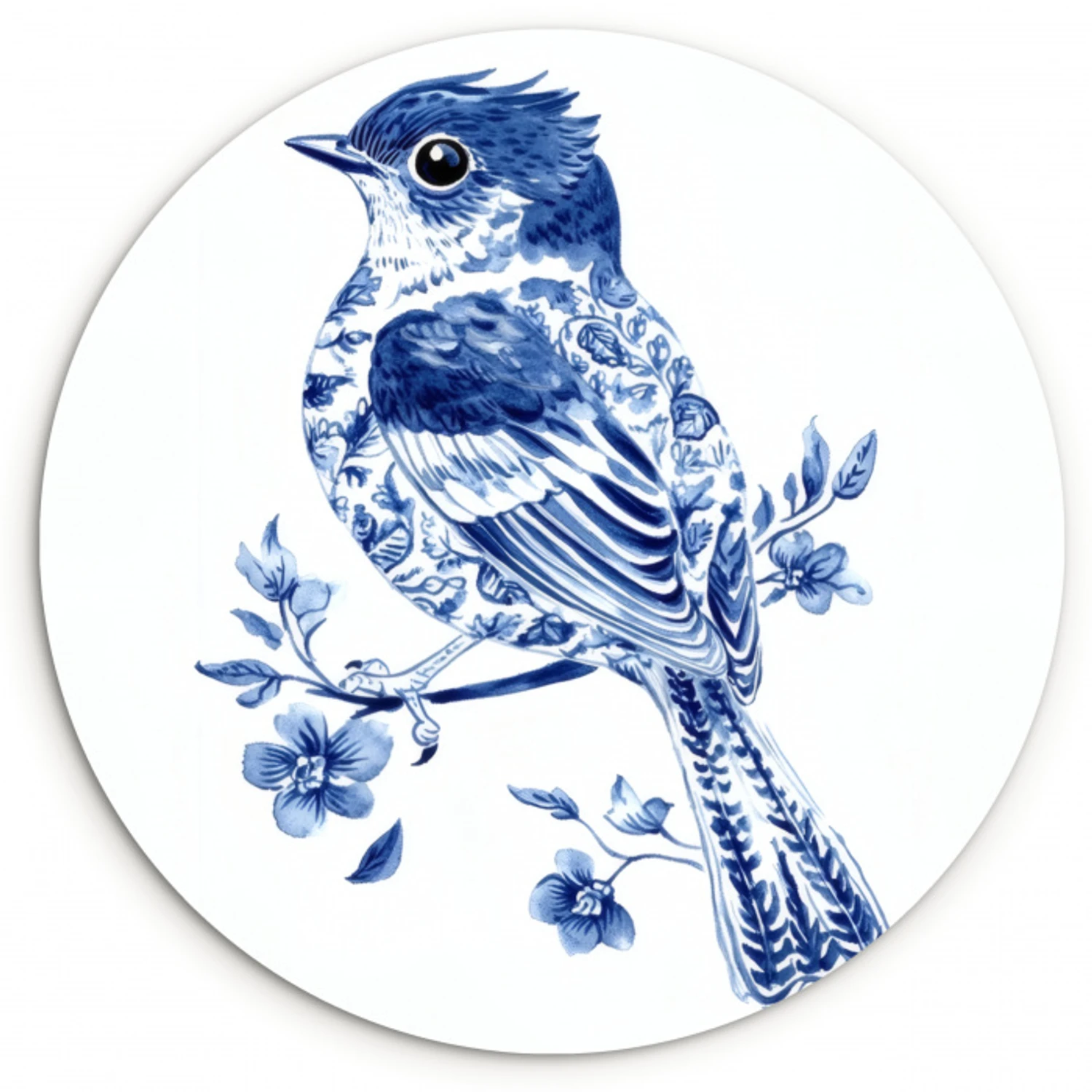Vogel - Delfts blauw - Illustratie - Bloemen Wandcirkel plexiglas klein -3d