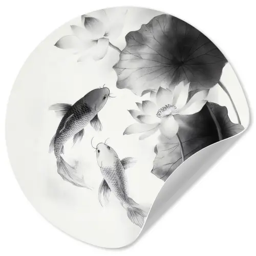 Lotusbloemen - Vissen - Bladeren - Zwart Wandcirkel behangsticker klein -3d