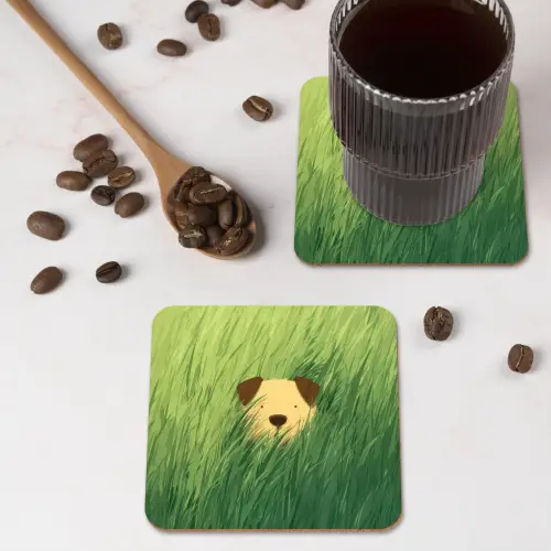 Hondje - Gras - Oren - Bruin onderzetter kurk middel -sfeer2