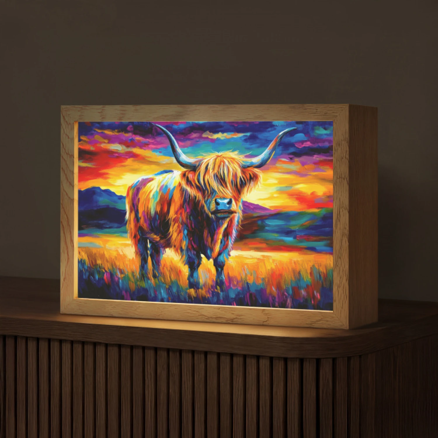 Schotse hooglander - Kunst - Koe - Dieren - Landschap Light Box met kabel (Tafellamp) klein -z3d_website