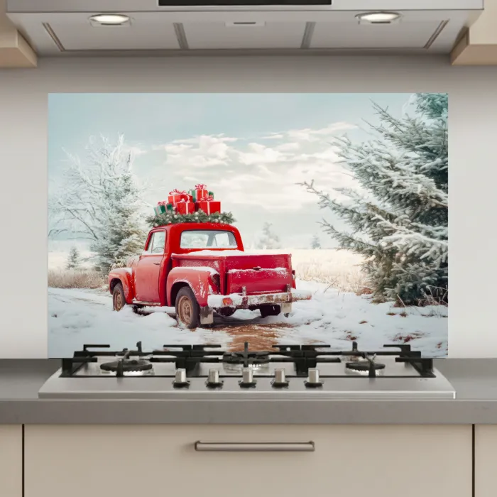 Auto - Rood - Cadeaus - Winter - Sneeuw - Kerst keuken achterwand spatscherm klein -3d_website