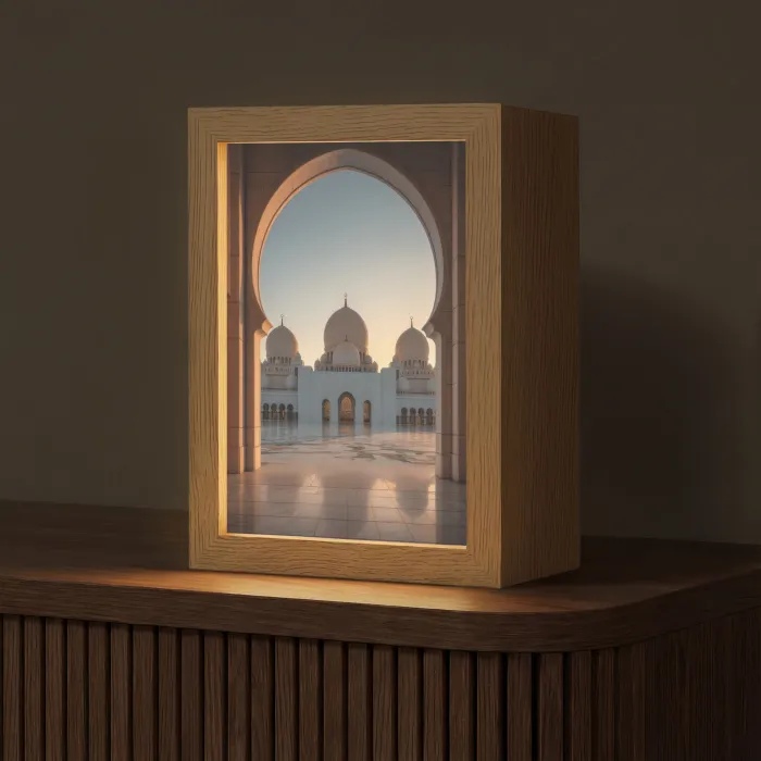 Zonsopkomst - Witte koepels - Plein - Moskee Light Box met kabel (Tafellamp) klein -z3d_website