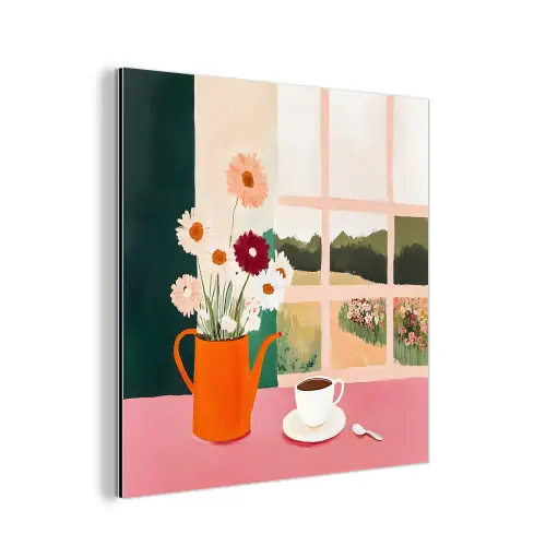 Bloemen - Koffie - Raam aluminium wit klein -3d