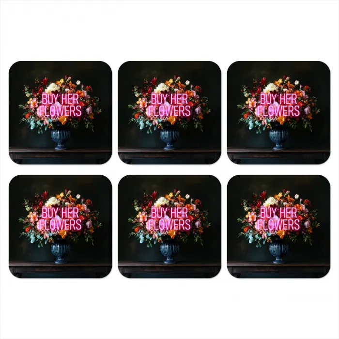 Quote - Bloemen - Vaas - Neon onderzetter kurk middel -3d