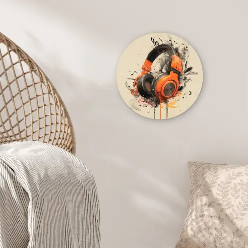 Koptelefoon - Oranje - Explosief Wandcirkel kunststof plaat 5mm dik klein -sfeer5