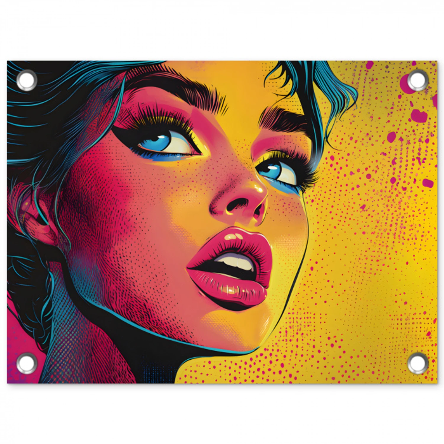 Close-up - Vrouwengezicht - Stippen - Geel tuinposter los doek klein -3d