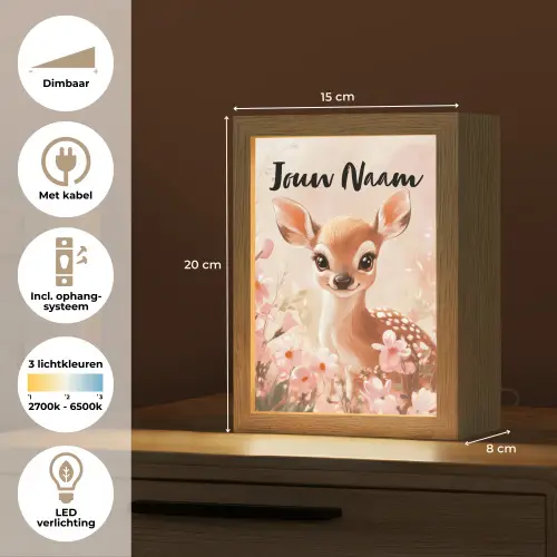 Hertje - Illustratie - Bloemen - Roze Light Box met kabel (Kinderlampje) klein -USP_NL