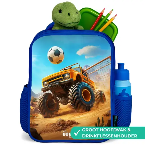 Monstertruck scoort goal in woestijnstadion Kinderrugzak - Blauw middel -inhoud_NL