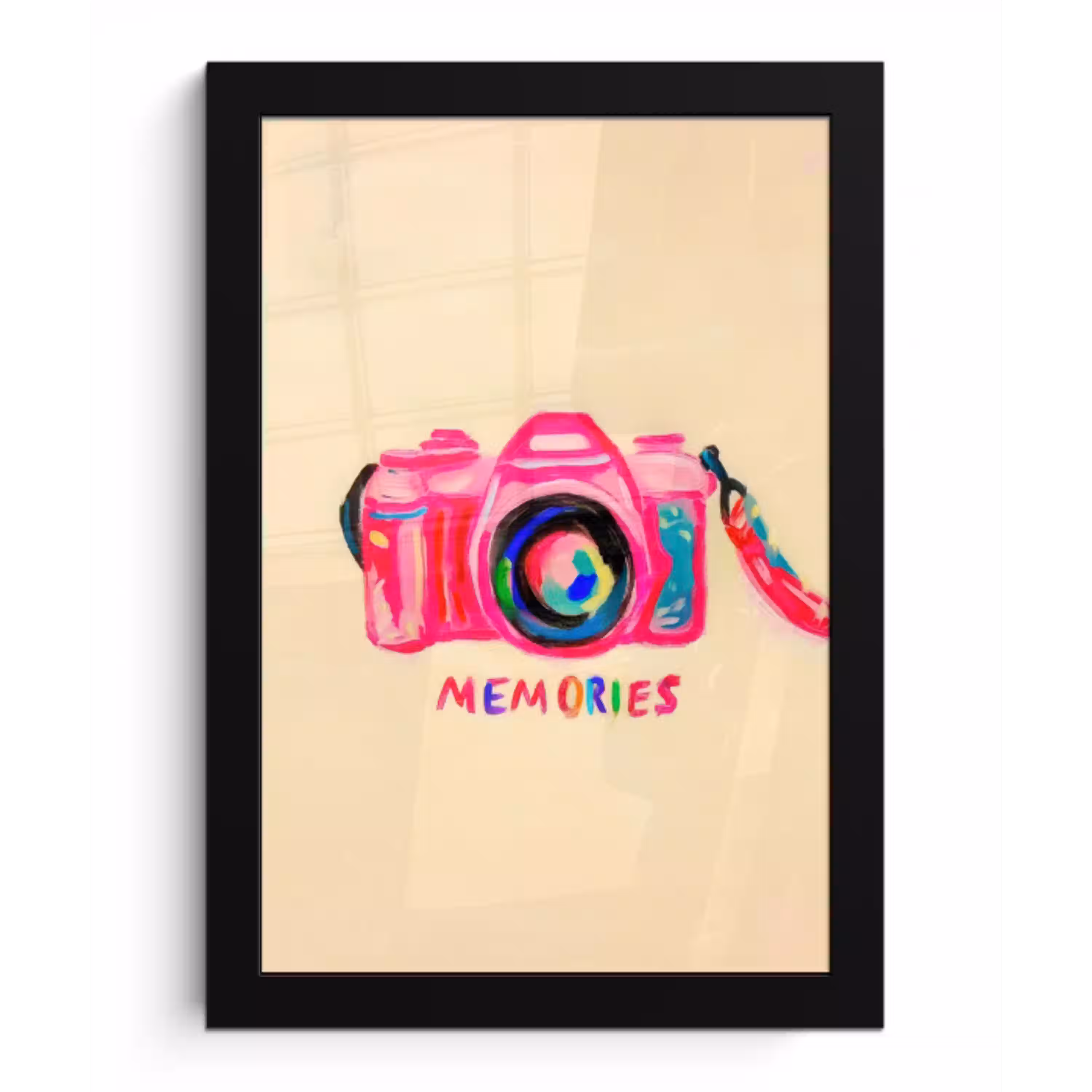 Camera - Memories - Roze - Geschilderd fotolijst zwart zonder passe partout klein -3d