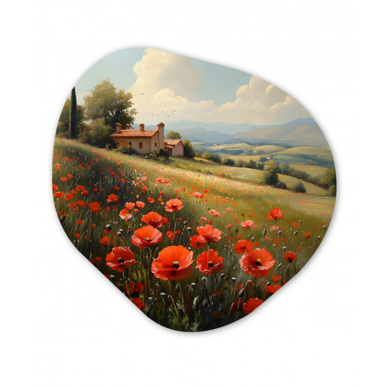 Klaprozen - Rood - Heuvels - Landschap Wandcirkel Organisch Aluminium middel -3d