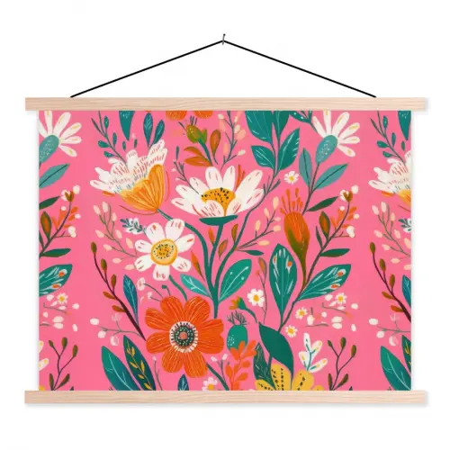 Roze - Bloemen - Wit - Oranje textielposter latten blank klein -3d