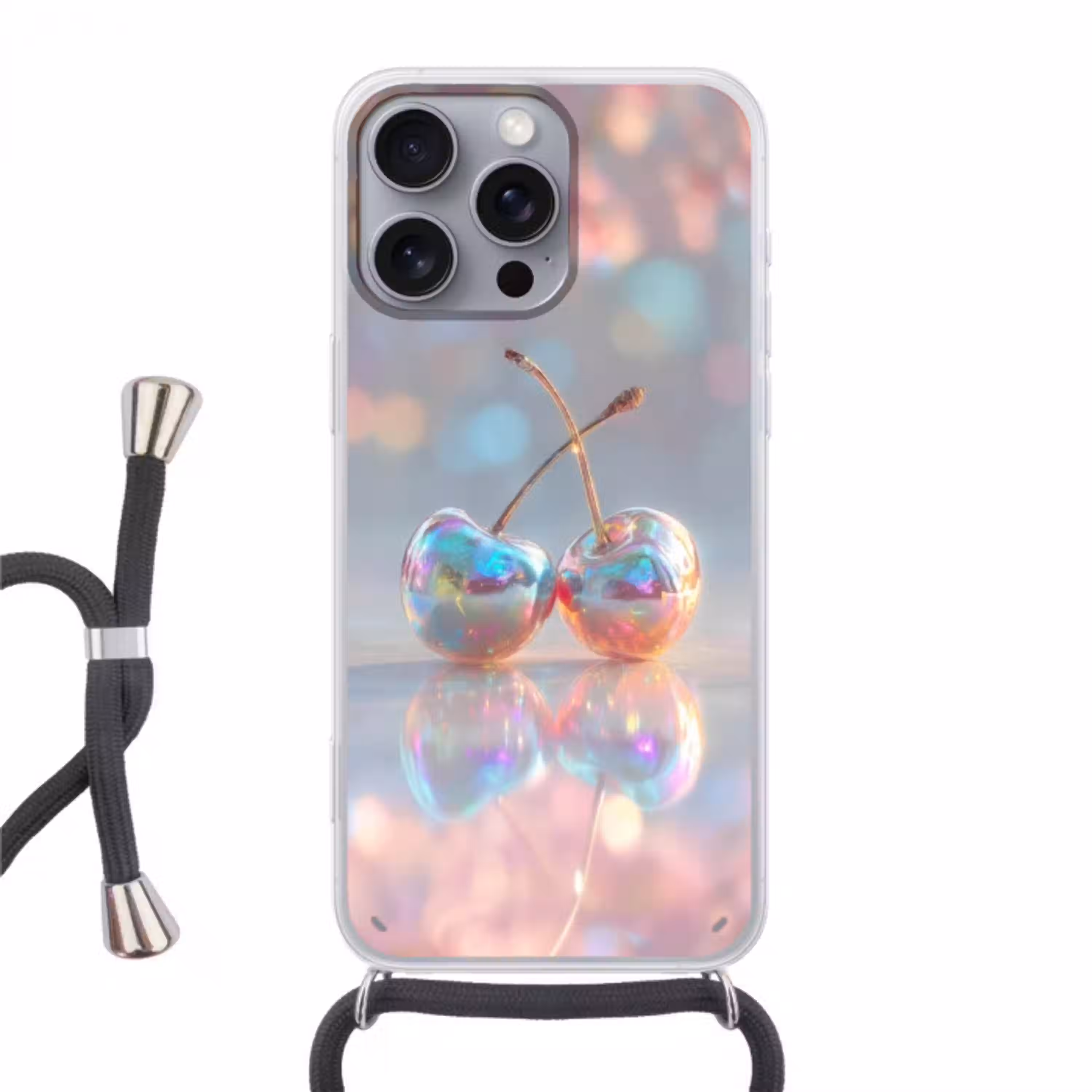 Kersen - Glanzend - Regenboogkleur Hoesje iPhone 16 Pro Max met koord klein -3d