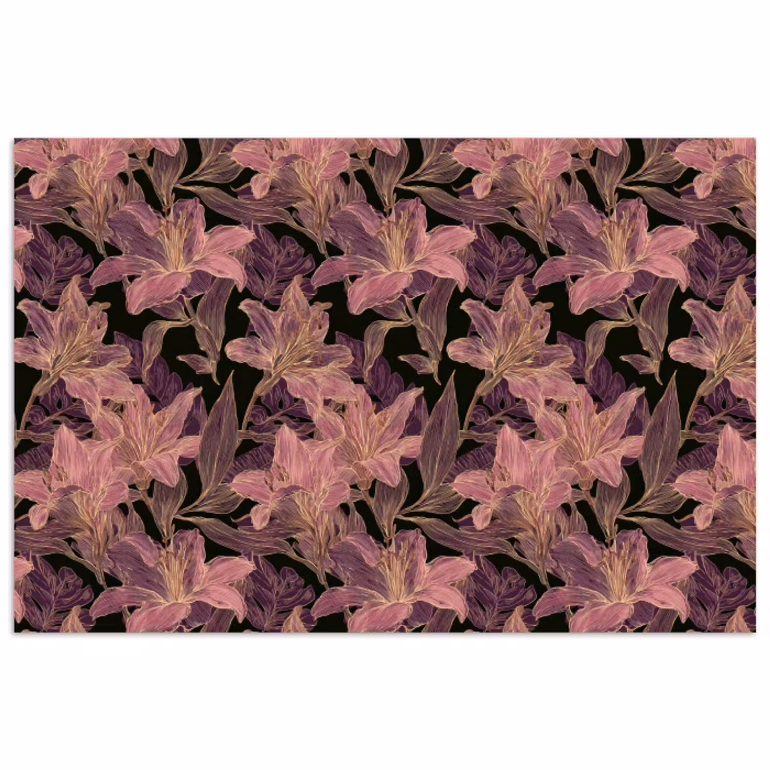 Lelies - Patroon - Paars - Goud poster papier klein 62 -3d