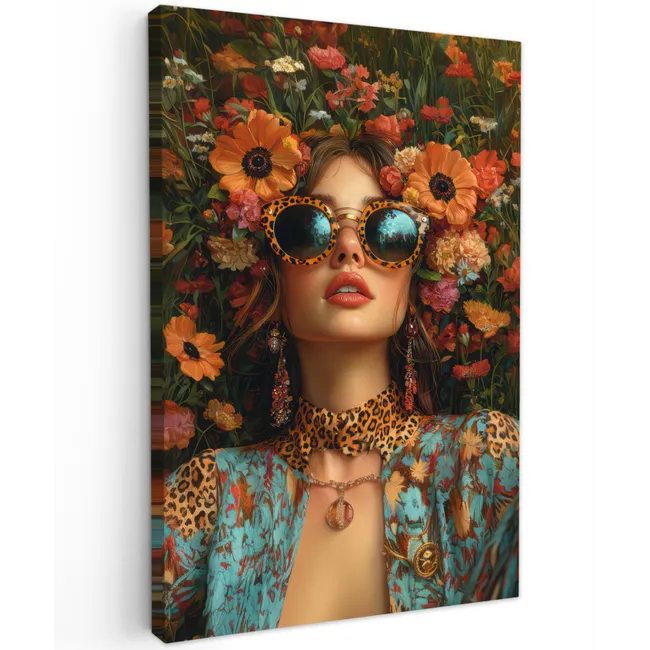 Vrouwen - Bloemen - Modern - Bril - Abstract Tuinposter op houten frame 2 cm dik klein -3d