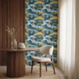 Huisjes - Bloemen - Patroon - Geel - Blauw Behang Vinyl klein 1060 -sfeer1