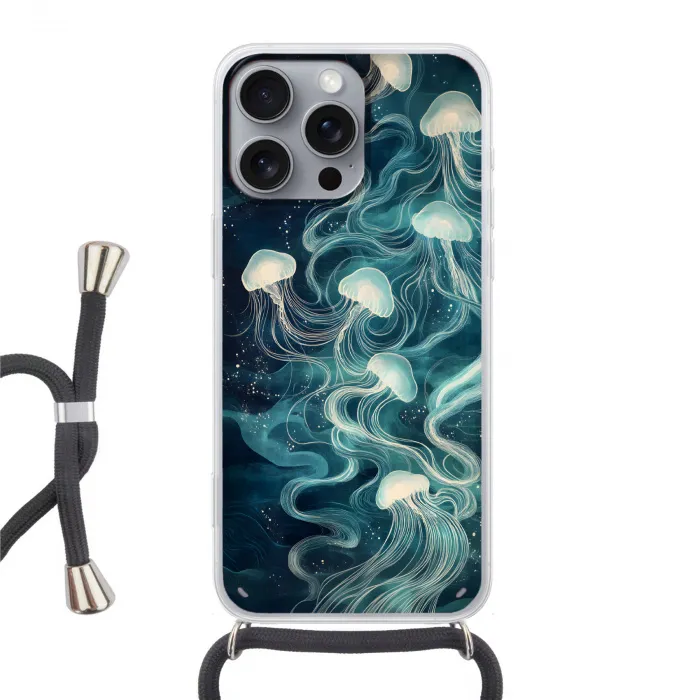 Kwallen - Zee - Wit - Golven Hoesje iPhone 16 Pro Max met koord klein -3d