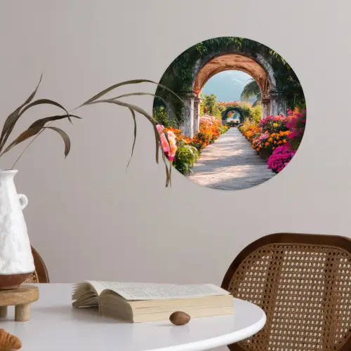 Doorkijk - Bloemen - Tropisch - Kleurrijk Wandcirkel behangsticker klein -sfeer3