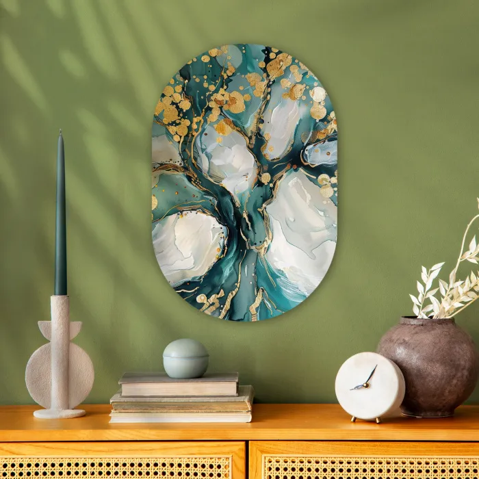 Boom - Modern - Verflook - Turquoise - Goud Wandcirkel Ovaal Forex klein -sfeer2