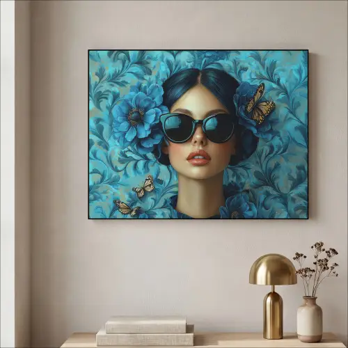 Vrouw - Bloemen - Vlinders - Blauw - Abstract Textielframe zwart klein -sfeer2