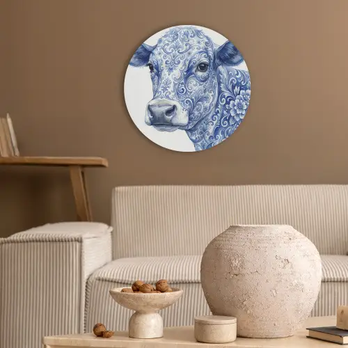 Illustratie - Koe - Blauw Akoestische PET Vilt - Rond klein -sfeer1