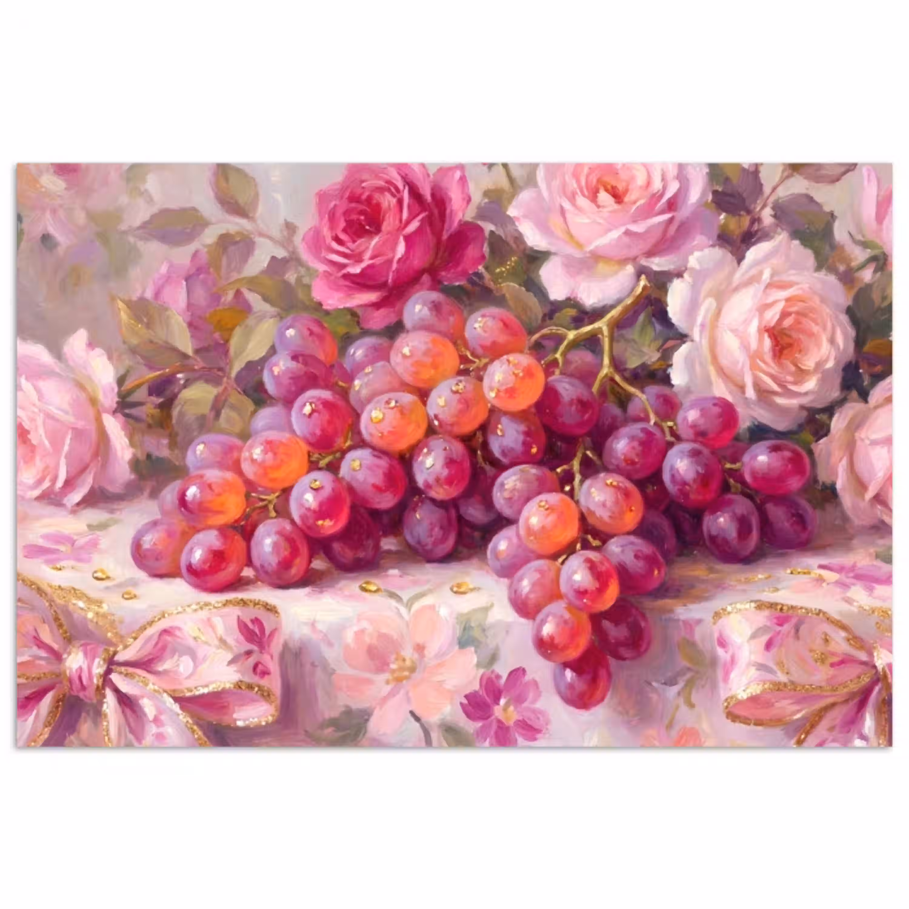 Eten - Bloemen - Stilleven - Roze - Goud poster papier klein -3d