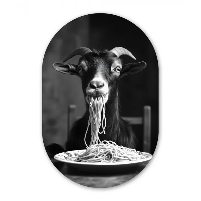 Geit - Bord - Spaghetti - Zwart Wit Wandcirkel Ovaal Glas middel -3d