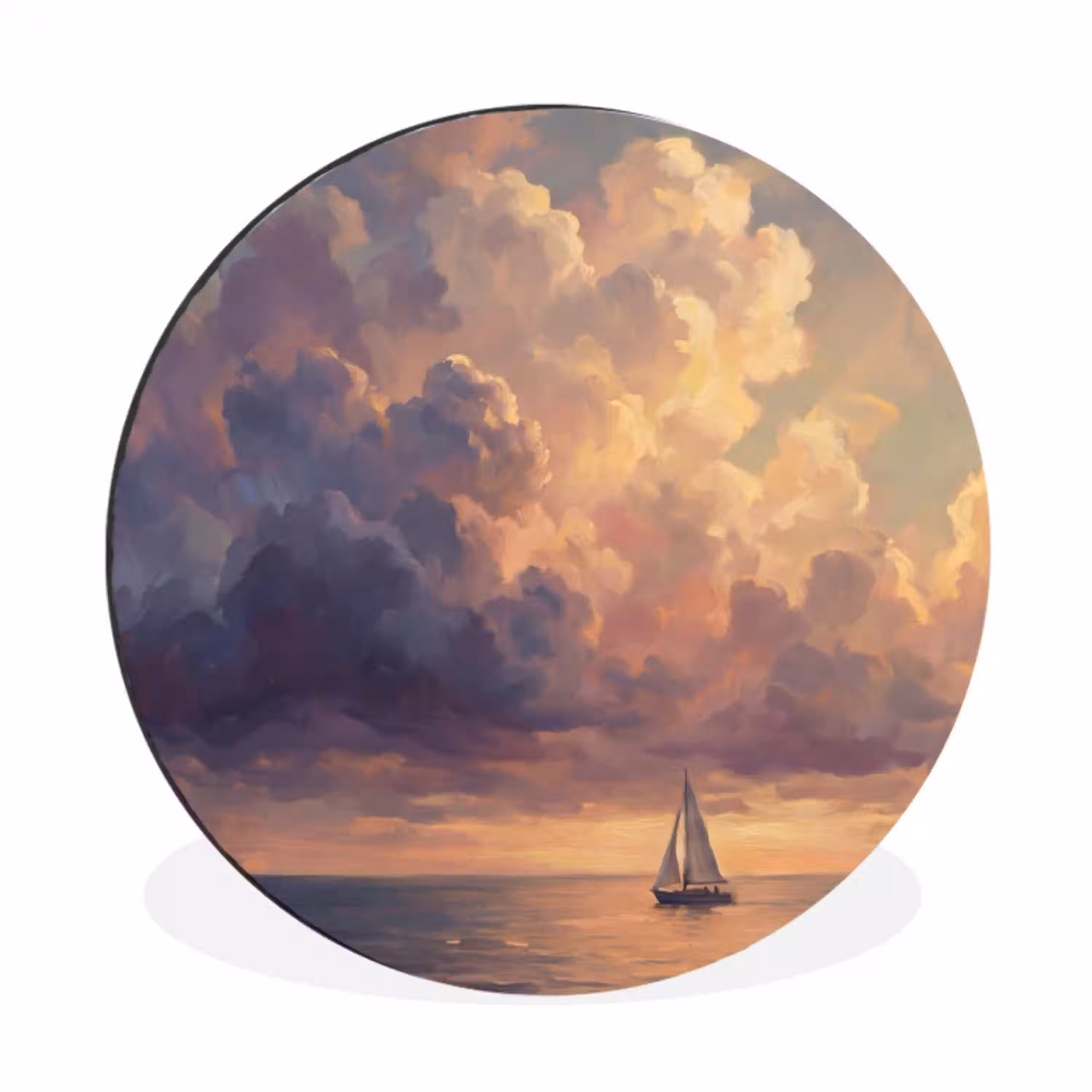 Boot - Zonsondergang - Zee - Natuur - Goud Wandcirkel aluminium klein -3d