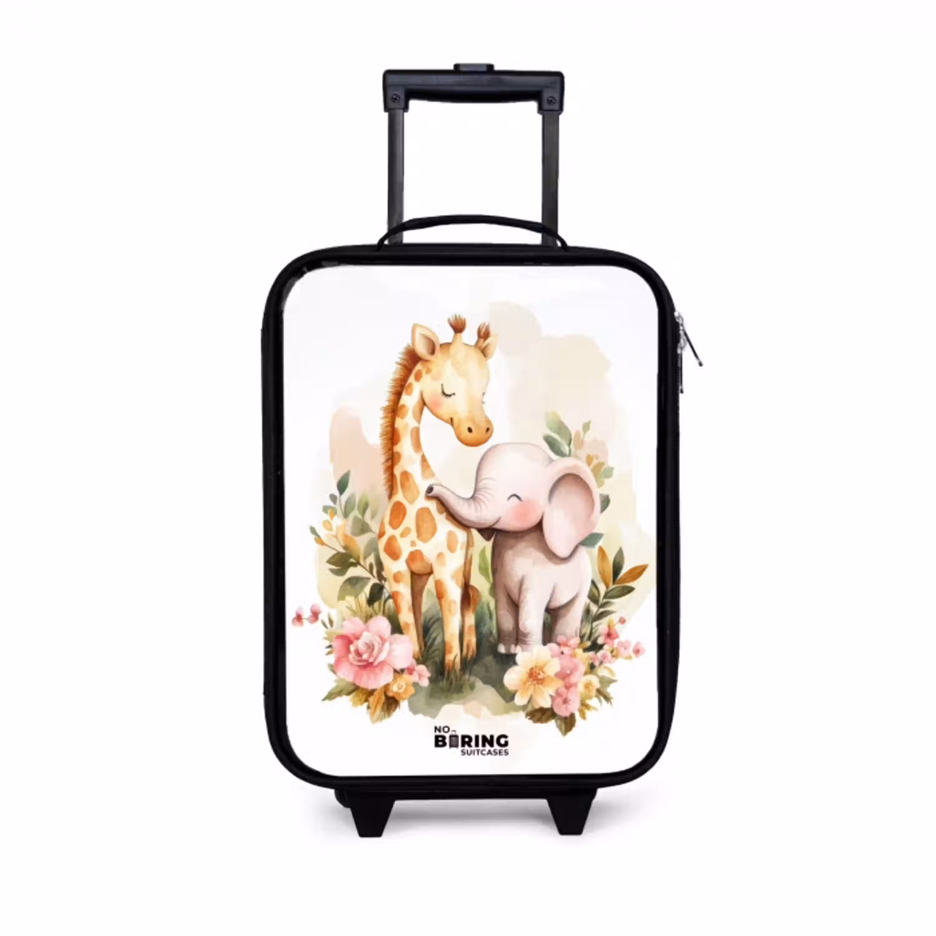 Giraffe en olifant tussen bloemen op witte achtergrond Kinderkoffer - Zwart klein -3d