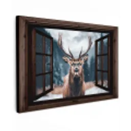 Doorkijk - Hert - Dieren - Landschap - Winter - Sneeuw - Landelijk Tuinposter op houten frame 2 cm dik klein -3d