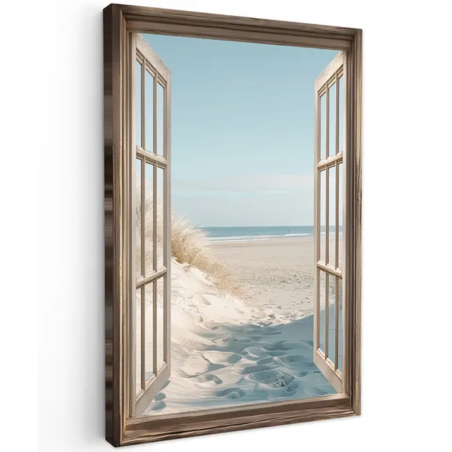 Doorkijk - Helmgras - Duinen - Zee - Landschap Tuinposter op houten frame 2 cm dik klein -3d