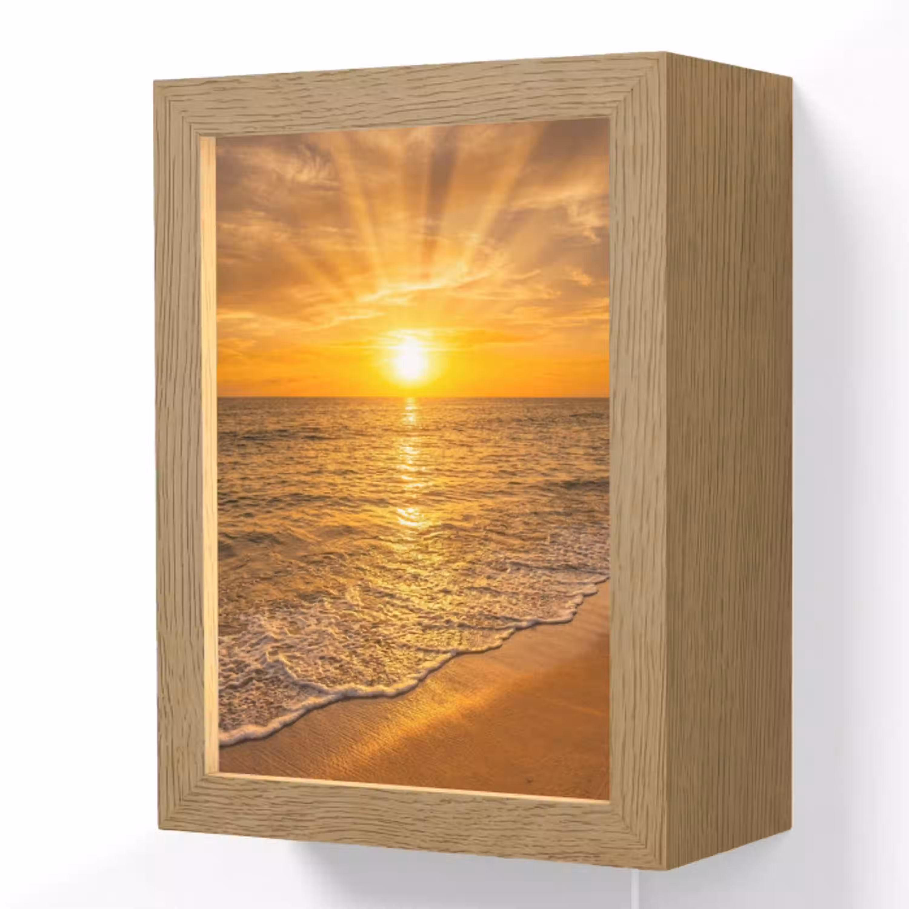 Zee - Zonsondergang - Golven - Kust - Oranje Light Box met kabel (Wandlamp) klein -3d