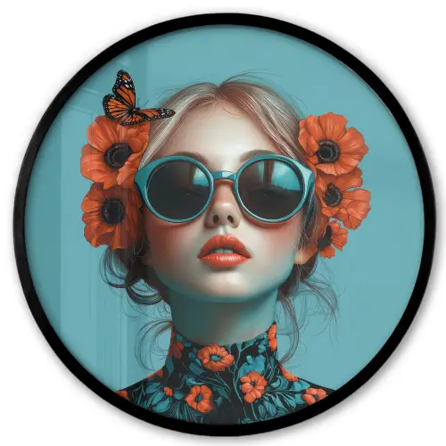Vrouw - Blauw - Vlinder - Bloemen - Aesthetic Fotolijst rond zonder passe partout klein -3d