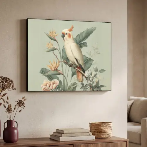 Gele kuifkaketoe - paradijsvogelbloemen - Groen Textielframe zwart klein -sfeer3
