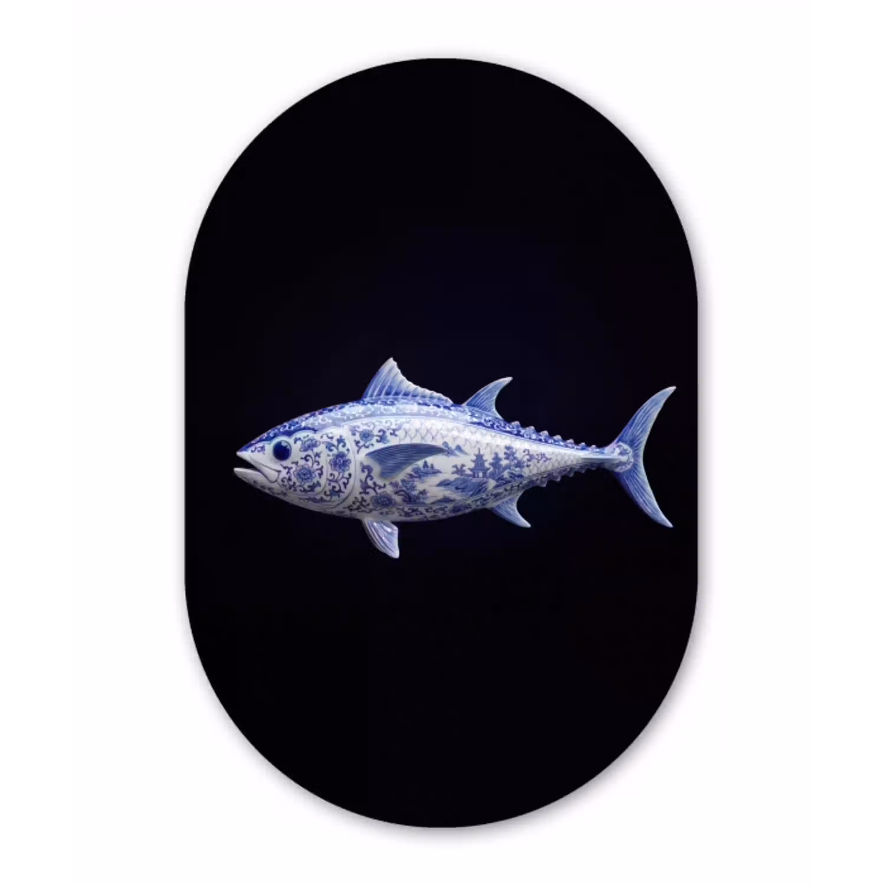 Porselein - Tonijn - Delfts - Blauw Wandcirkel Ovaal Aluminium middel -3d