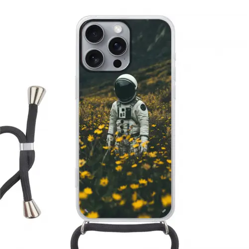Astronaut - Bloemen - Veld - Geel Hoesje iPhone 16 Pro Max met koord klein -3d