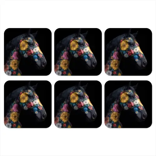 Paard - Bloemen - Zwart onderzetter kurk middel -3d