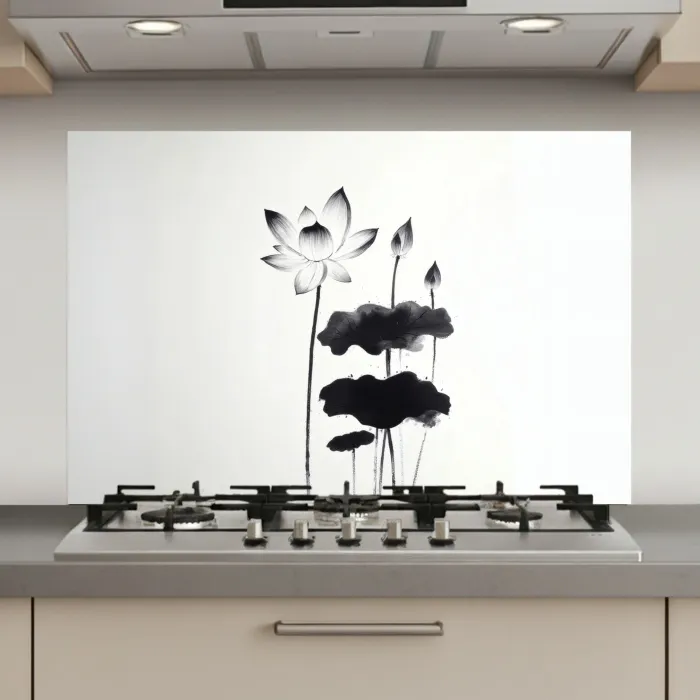 Bladeren - Zwart - Lotusbloem - Minimalitisch keuken achterwand spatscherm klein -3d_website