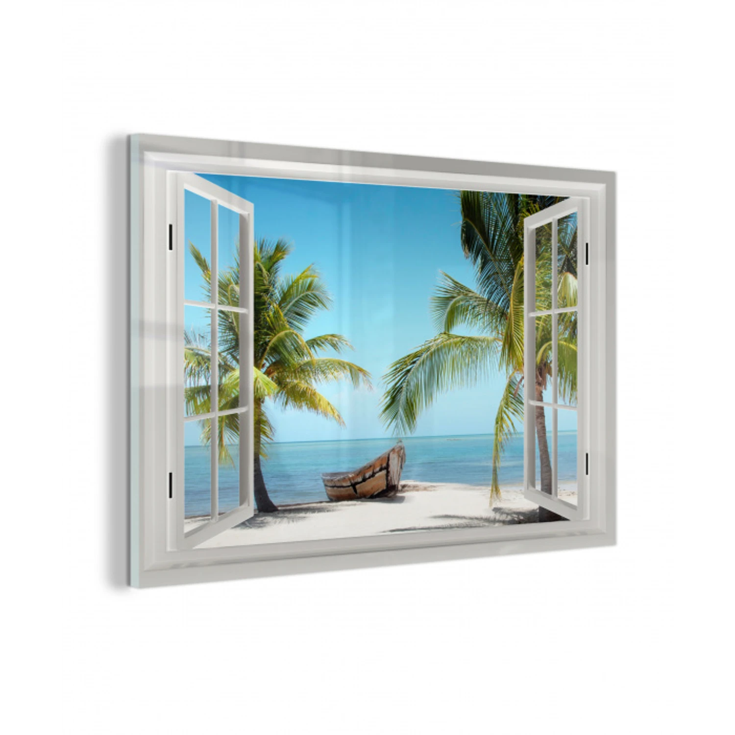 Doorkijk - Strand - Palmboom - Boot - Tropisch - Zee - Blauw plexiglas 5mm klein -z3d