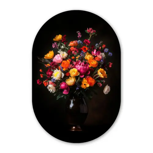 Kleurrijk - Boeket - Vaas - Donkerbruin Wandcirkel Ovaal Glas middel -3d