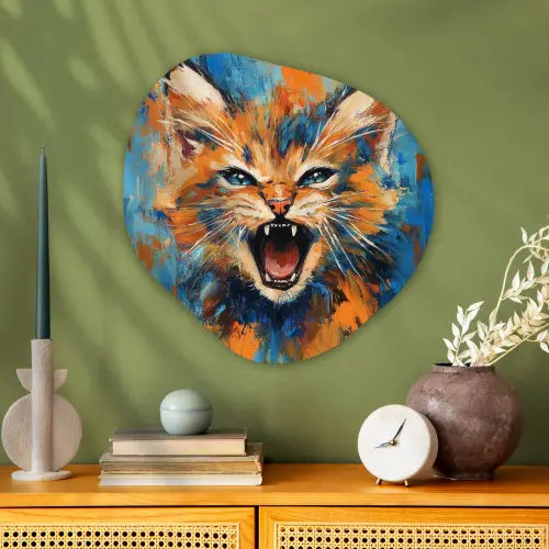 Kat - Kleurrijk - Oranje - Blauw Wandcirkel Organisch Aluminium middel -sfeer2