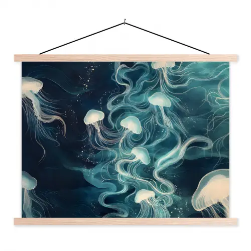 Kwallen - Zee - Wit - Golven textielposter latten blank klein -3d