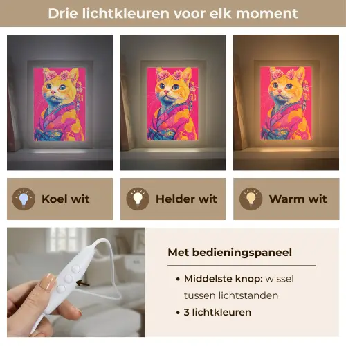 Kat - Kimono - Bloemen - Roze Light Box met kabel (Tafellamp) klein -USP_lichtkleurNL