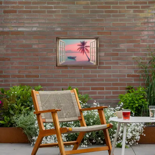 Doorkijk - Strand - Palmboom - Tropisch Tuinposter op houten frame 2 cm dik klein -sfeer3