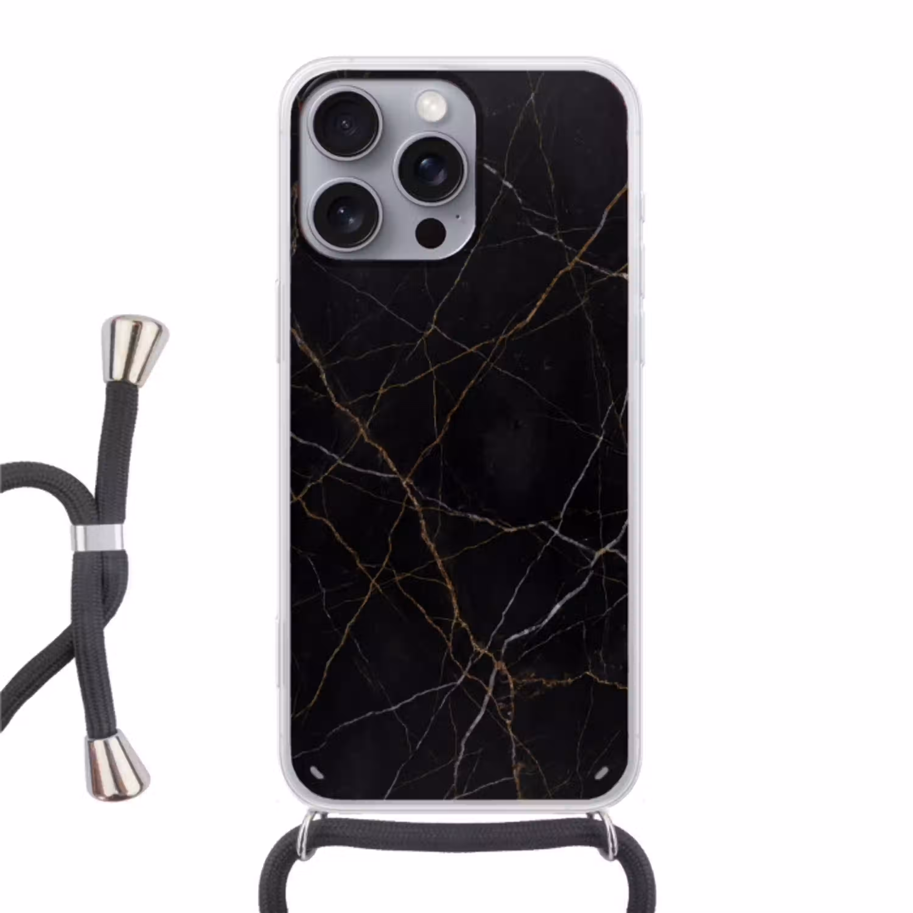 Natuursteen - Marmerpatroon - Abstract - Modern - Zwart - Goud Hoesje iPhone 16 Pro Max met koord klein -3d