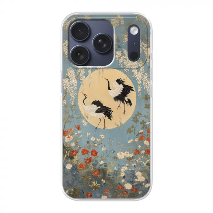 Kraanvogels - Maan - Bloemen - Blauw Telefoonhoesje iPhone 17 Pro klein -3d