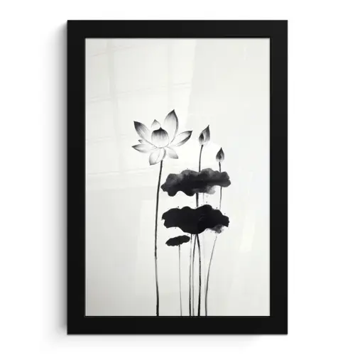 Bladeren - Zwart - Lotusbloem - Minimalitisch fotolijst zwart zonder passe partout klein -3d